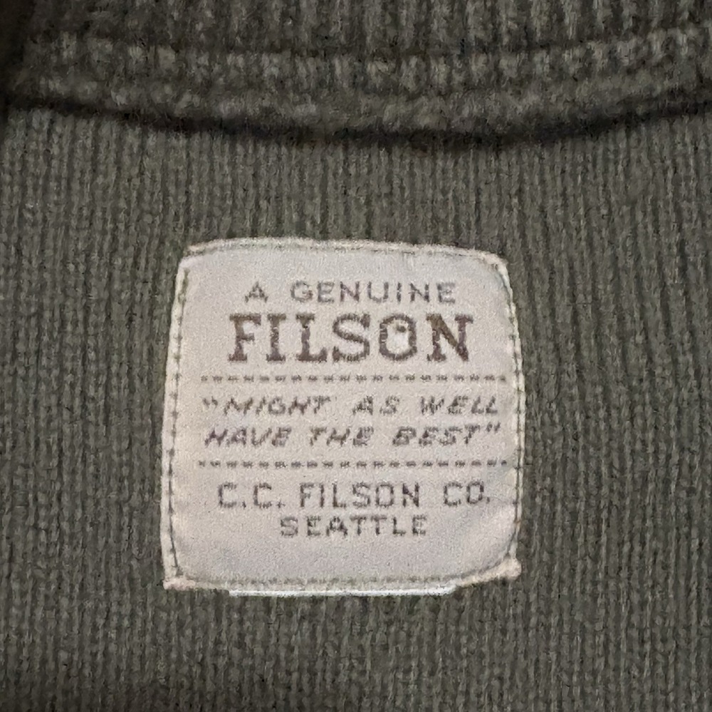 Filson Mens Peat Green Virgin Wool Shoulder Panels Henley Guide Sweater Size S/M - Picture 6 of 12